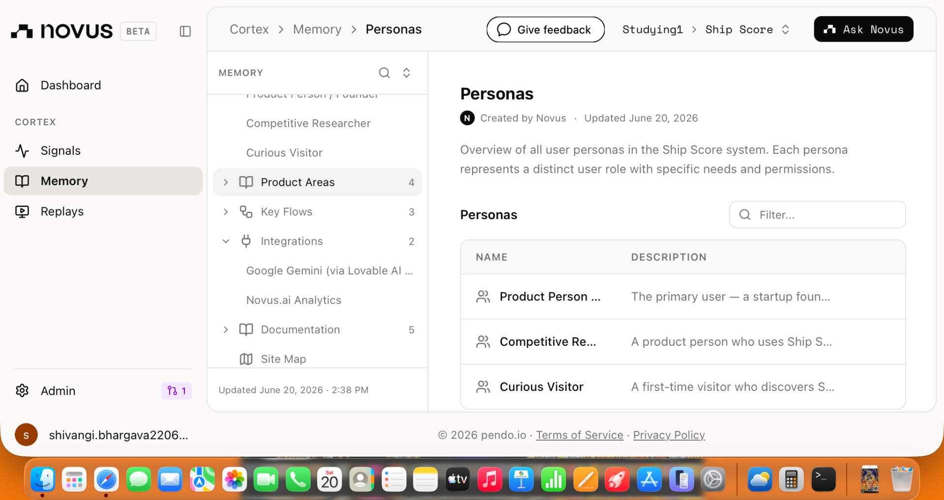 Novus.ai Memory → Personas modelled for Ship Score in production.