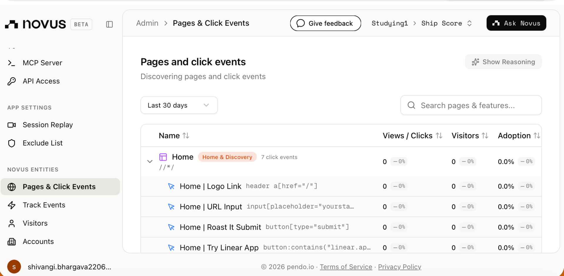 Novus.ai Pages & Click Events → Real-time visitor and adoption analytics for Ship Score.